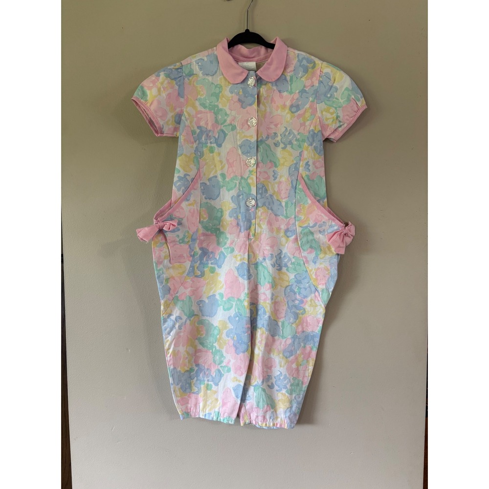 Vintage Little Rebels Girls 4T Pastel Floral Romper Peter Pan Collar Pink‎ Bows
